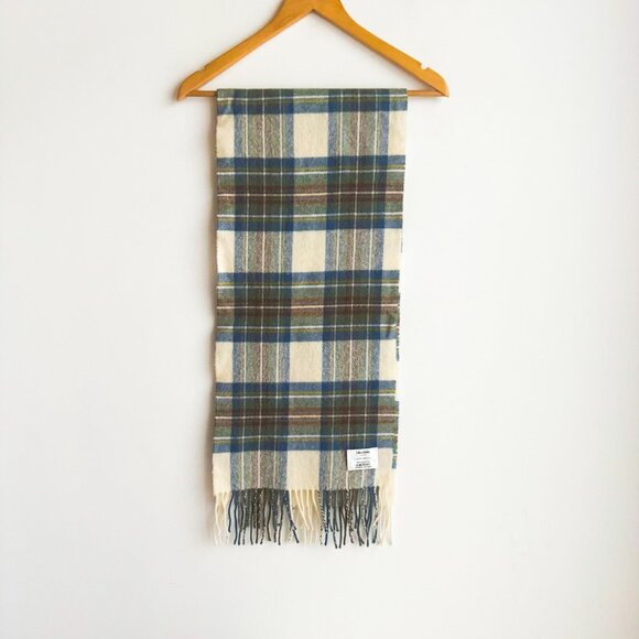 Johnstons Lambswool Blue Brown Plaid Scarf Made in Scotland - Picture 1 of 5